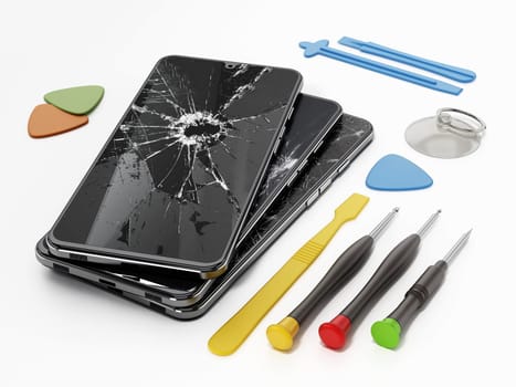 Repair tools and smartphones with broken screens isolated on white background. 3D illustration.