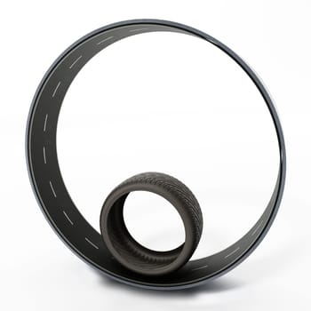Spare new racing tyre inside circle shaped road. 3D illustration.