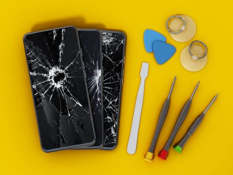 Repair tools and smartphones with broken screens isolated on yellow background. 3D illustration.