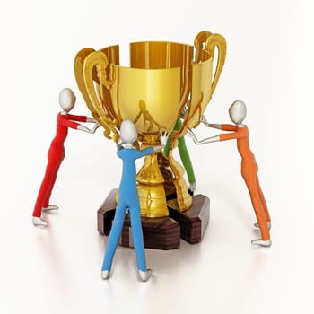 Four 3D figures bring together parts of the golden cup. 3D illustration.