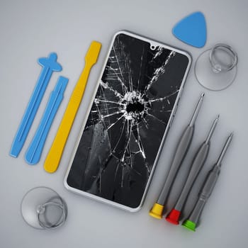 Repair tools and smartphones with broken screens isolated on gray background. 3D illustration.