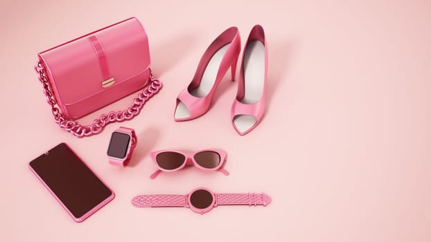 Set of trendy women's accessories. 3D illustration.