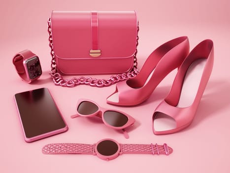 Set of trendy women's accessories. 3D illustration.