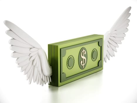 Fictitious dollar bill with angel wings isolated on white background. 3D illustration.