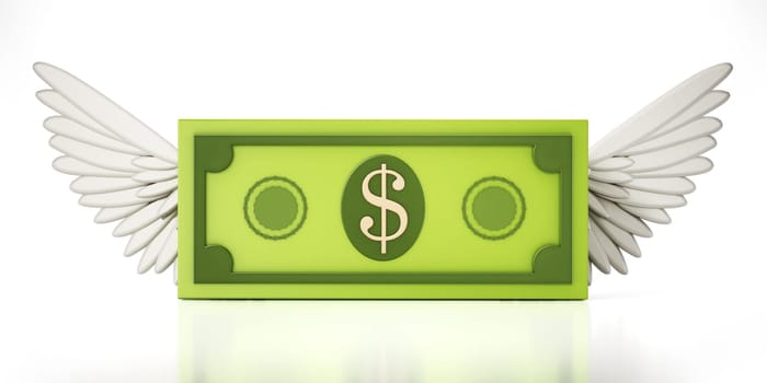 Fictitious dollar bill with angel wings isolated on white background. 3D illustration.