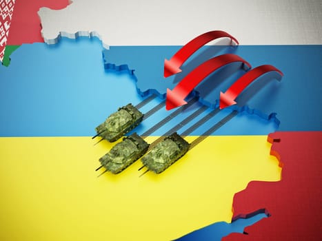 Russian tanks attacking Ukraine territory. 3D illustration.