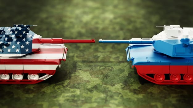 American and Russian tanks standing and targeting to each other. 3D illustration.