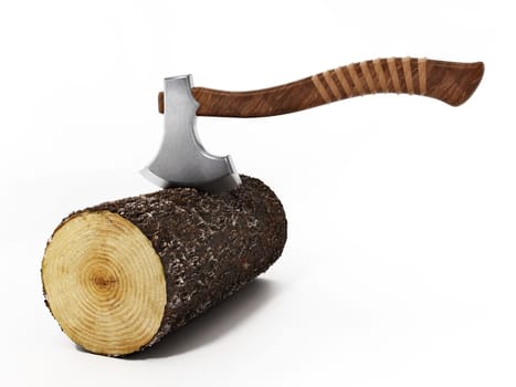Wood logs and axe isolated on white background. 3D illustration.