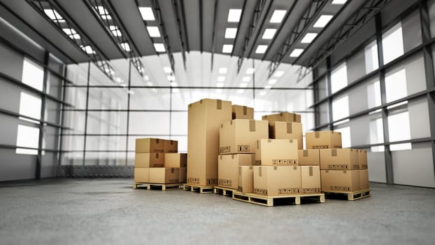 Stack of cardboard boxes inside the warehouse. 3D illustration.
