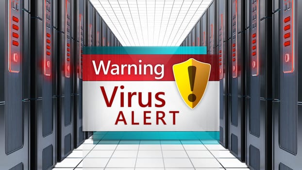 Virus alert message pop up window among network servers in a row. 3D illustration.