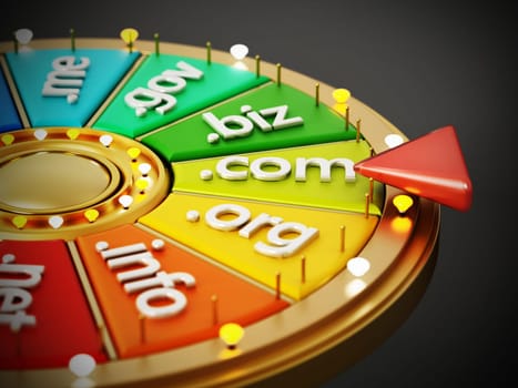 Domain name extensions on prize wheel. 3D illustration.