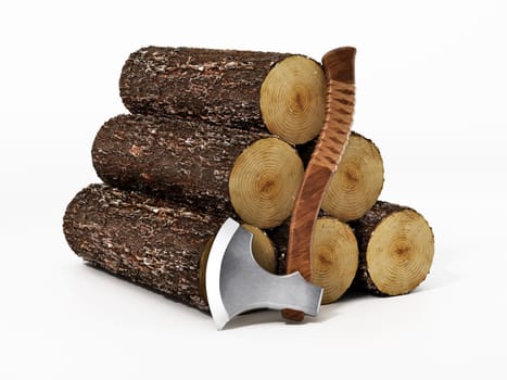 Wood logs and axe isolated on white background. 3D illustration.