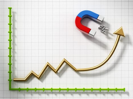 Horseshoe magnet pulling arrow symbol upwards on a business chart. 3D illustration.