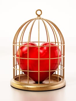 Red heart locked in gold birdcage. 3D illustration.