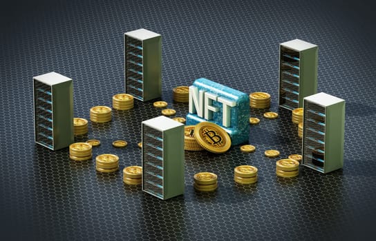 Crypto coins connecting data servers with NFT word at the center. 3D illustration.