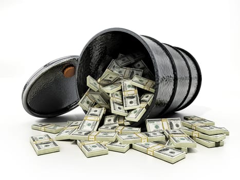 Oil barrel full of 100 Dollar bills. 3D illustration.