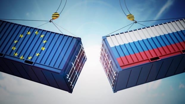 Clashing cargo containers with European Union and Russia flags. 3D illustration.