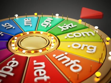 Domain name extensions on prize wheel. 3D illustration.