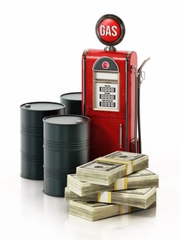 Retro fuel pump, oil barrels and pile of dollar bills. 3D illustration.