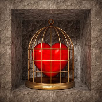 Red heart locked in gold birdcage. 3D illustration.