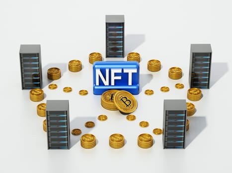 Crypto coins connecting data servers with NFT word at the center. 3D illustration.