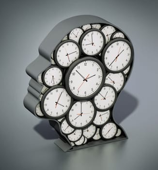 Group of clocks forming a head shape. 3D illustration.