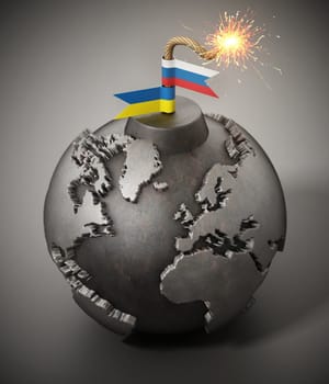 World map shaped bomb with Russia and Ukraine flags as fuse. 3D illustration.