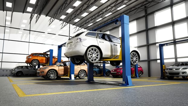 Automobile repair shop or car repair garage interior with cars on the lifts. 3D illustration.
