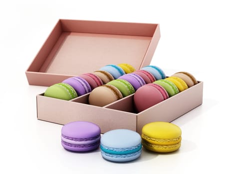 Group of colorful macarons in the box isolated on white background. 3D illustration.