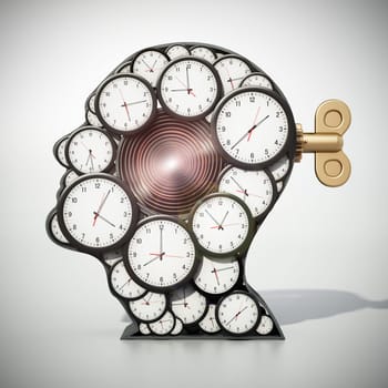 Group of clocks forming a head shape. 3D illustration.