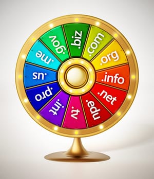 Domain name extensions on prize wheel. 3D illustration.