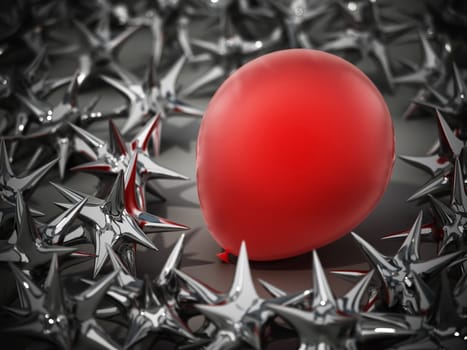 Red balloon standing among sharp spikes. High risk concept. 3D illustration.