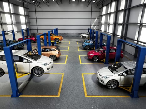 Automobile repair shop or car repair garage interior with cars on the lifts. 3D illustration.