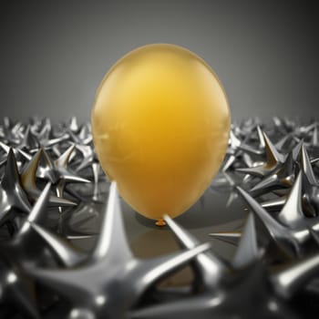 Yellow balloon standing among sharp spikes. High risk concept. 3D illustration.