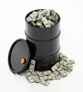 Oil barrel full of 100 Dollar bills. 3D illustration.