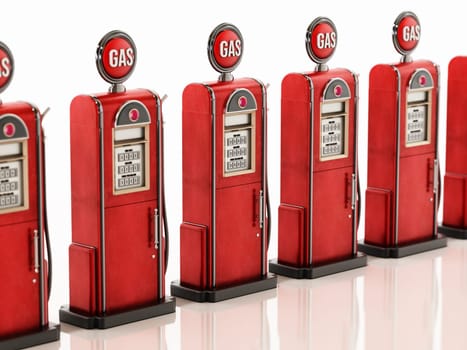 Row of retro fuel pumps isolated on white background. 3D illustration.