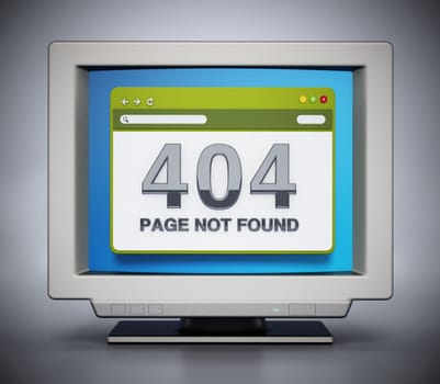 Retro monitor with 404 page not found connection error code on webpage. 3D illustration.