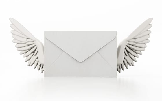 Enveloppe with angel wings isolated on white background. 3D illustration.