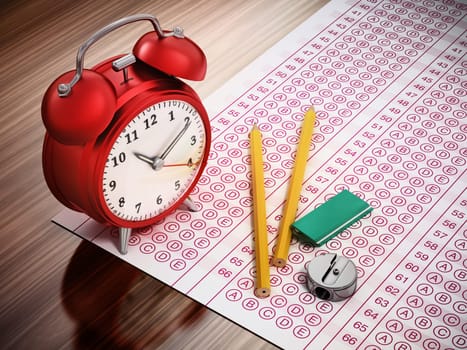 Optical test paper, alarm clock, eraser, pencil and sharpener. 3D illustration.
