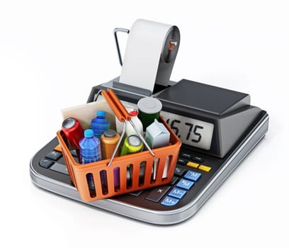 Shopping basket full of items standing on a calculator. 3D illustration.