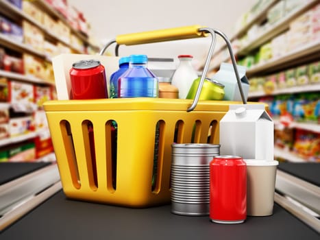Shopping basket standing on supermarket counter. Supermarket shopping concept. 3D illustration.