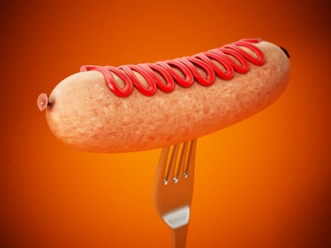 Fork and sausage with ketchup on orange background. 3D illustration.