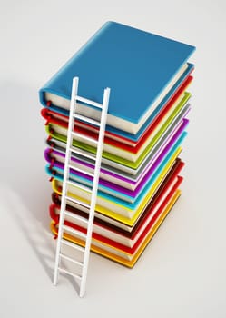 Ladder and heap of colorful books. 3D illustration.