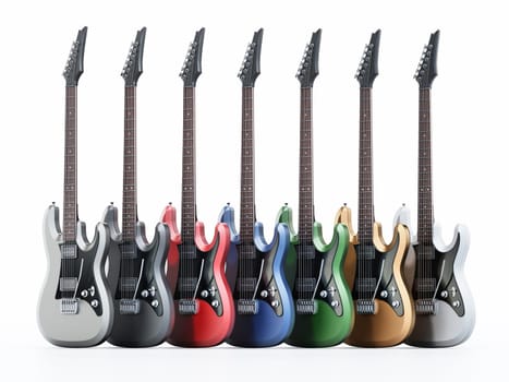 Generic colorful electric guitars isolated on white background. 3D illustration.