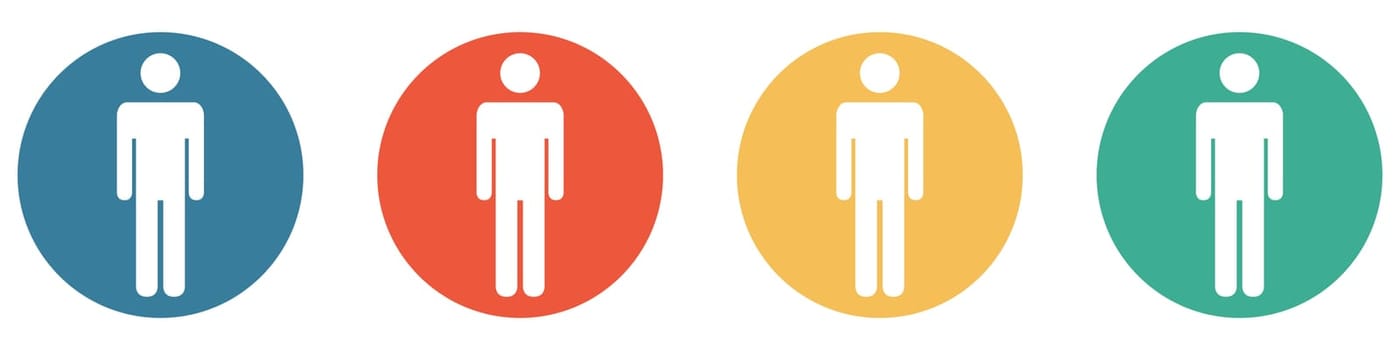 4 colorful Buttons blue, red, orange and green showing: Man