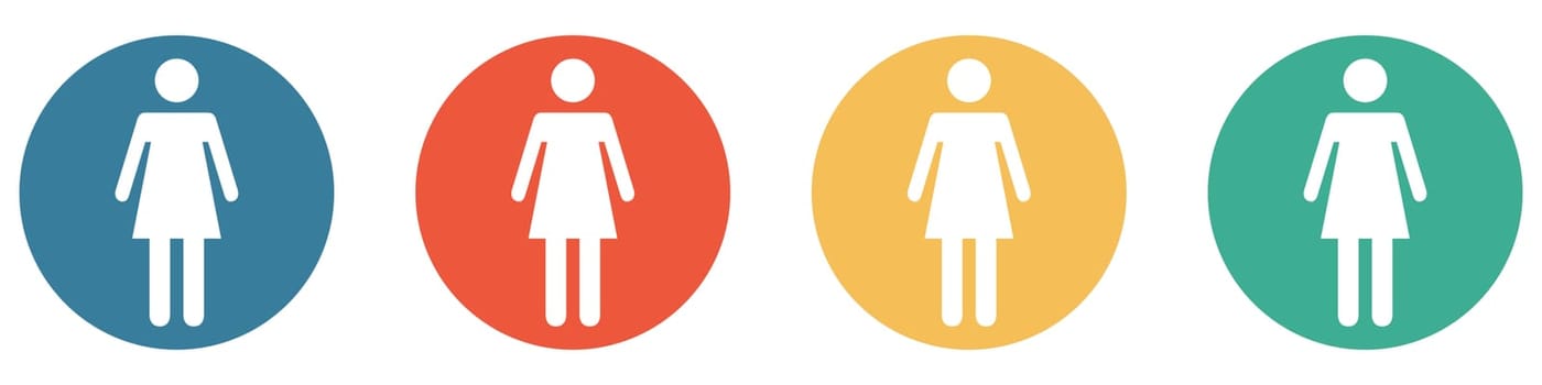 4 colorful Buttons blue, red, orange and green showing: Woman