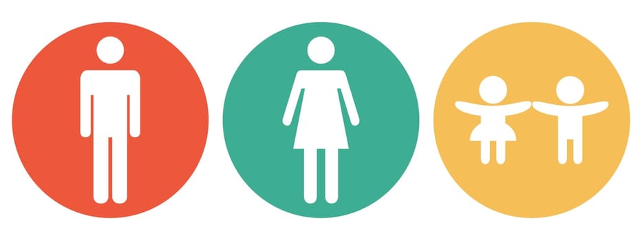 4 colorful Buttons blue, red, orange and green showing: Family with 2 kids