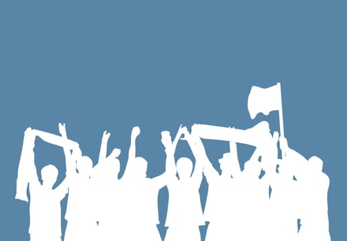 Cheering sport, fooball or music fans - White silhouette on blue blackground