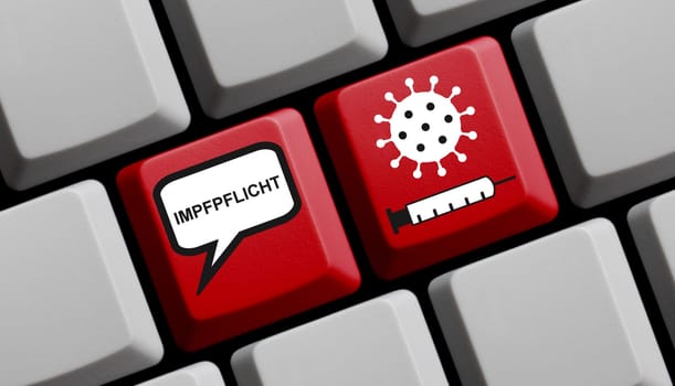 Compulsary Vaccination in german language - Red computer keyboard 3d illustration