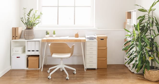 Panoramic view of the office workplace in modern style. Concept of workspace.